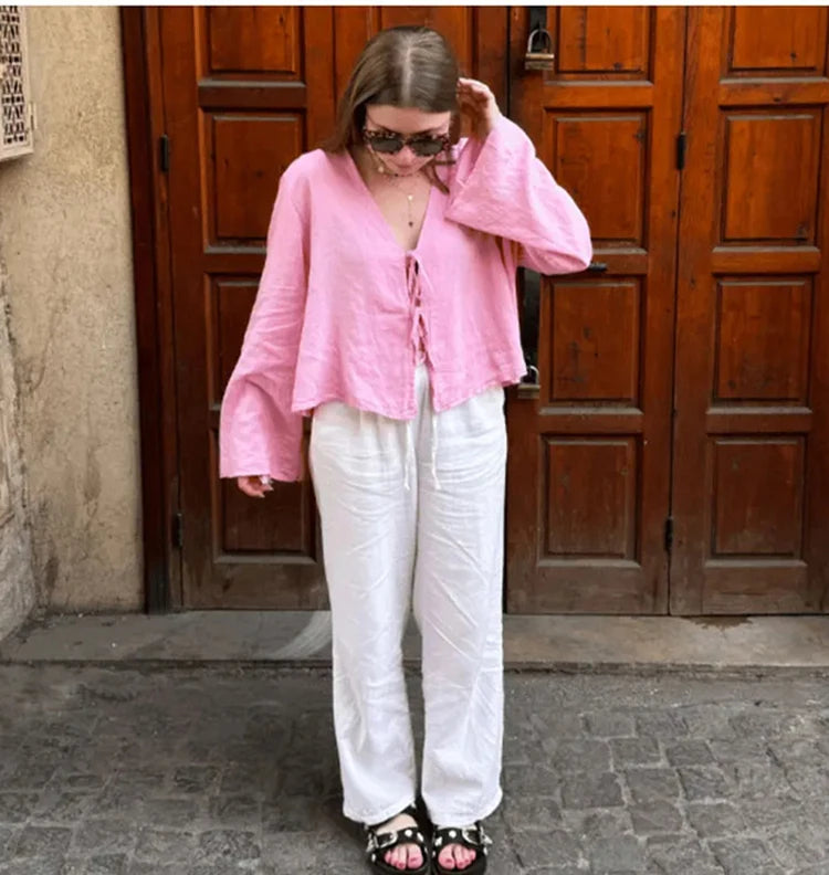 Linen Lace-Up V-Neck Shirt