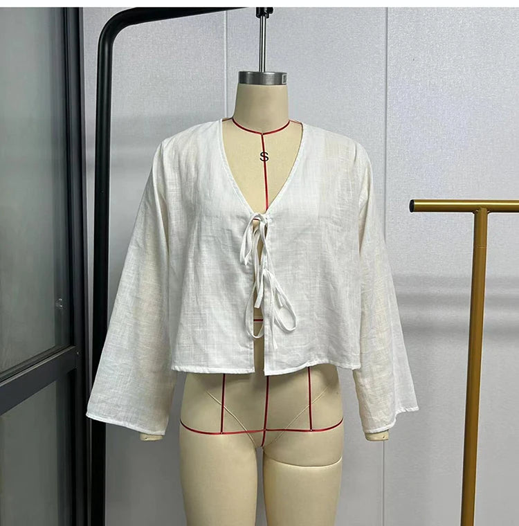 Linen Lace-Up V-Neck Shirt