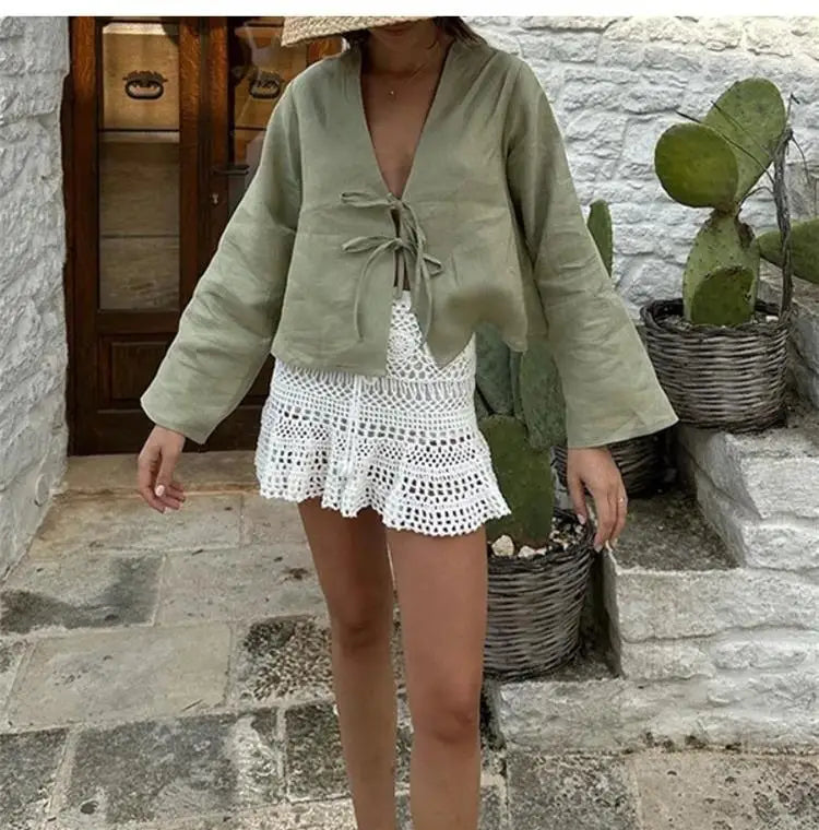 Linen Lace-Up V-Neck Shirt