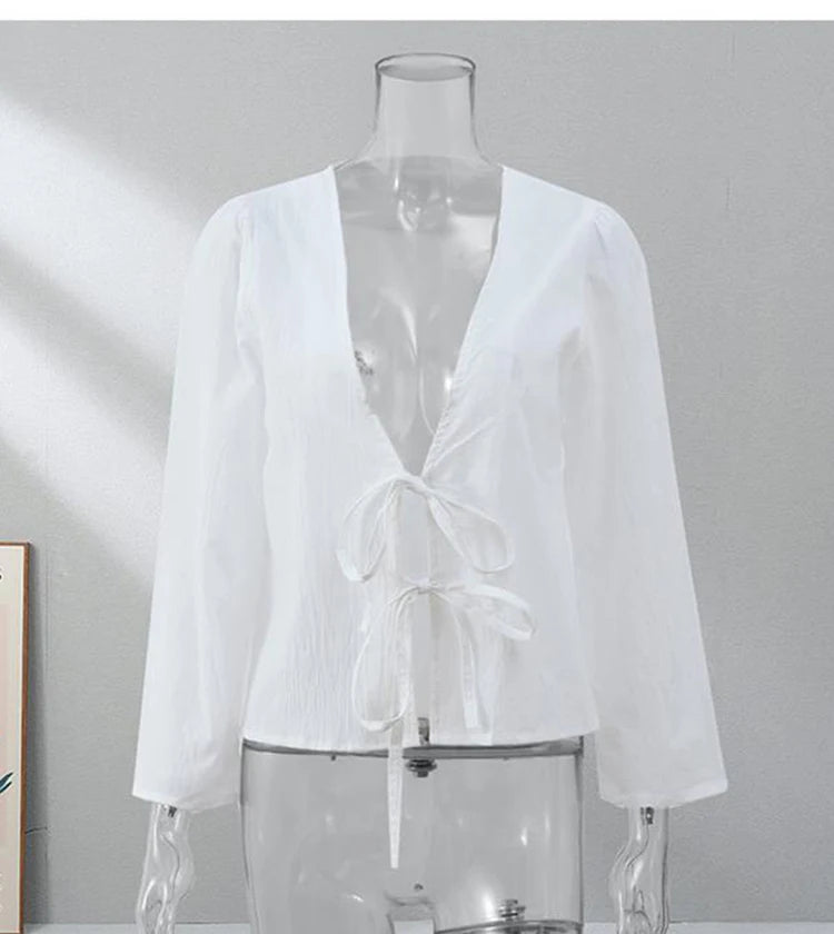 Linen Lace-Up V-Neck Shirt