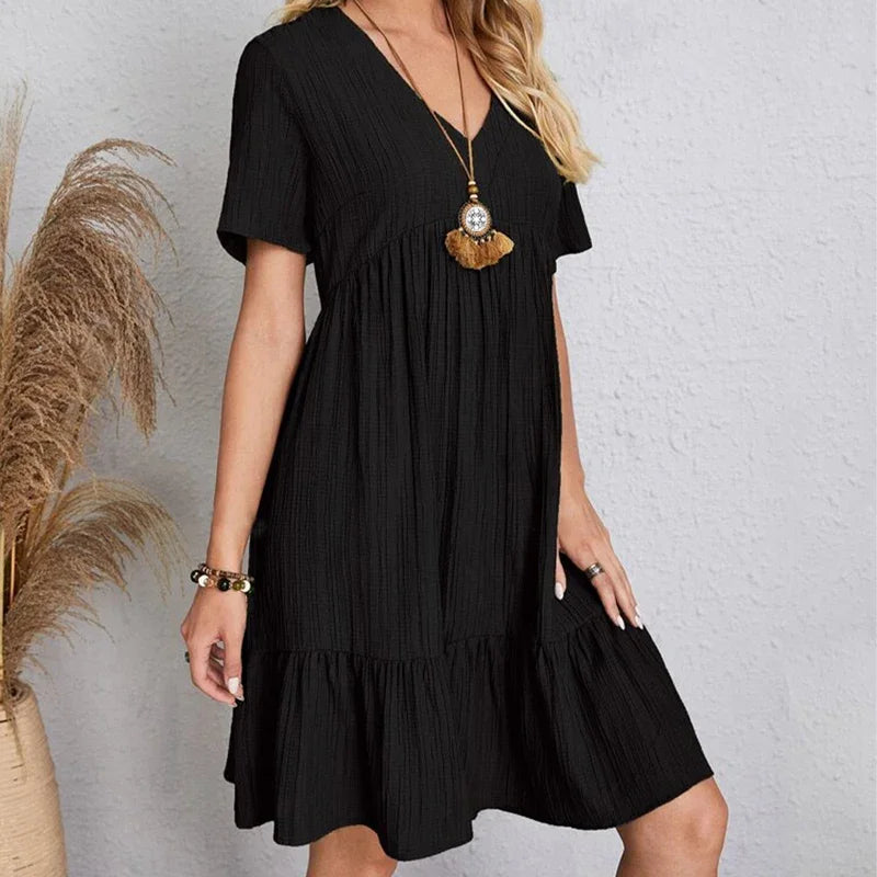 V-Neck Pleated A-Line Beach Dress