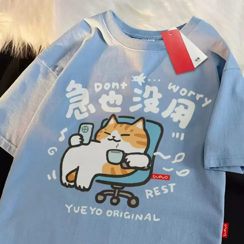 Fun Cartoon Cat Print Women's Summer T-Shirt