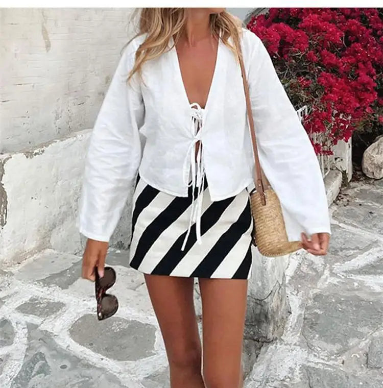 Linen Lace-Up V-Neck Shirt