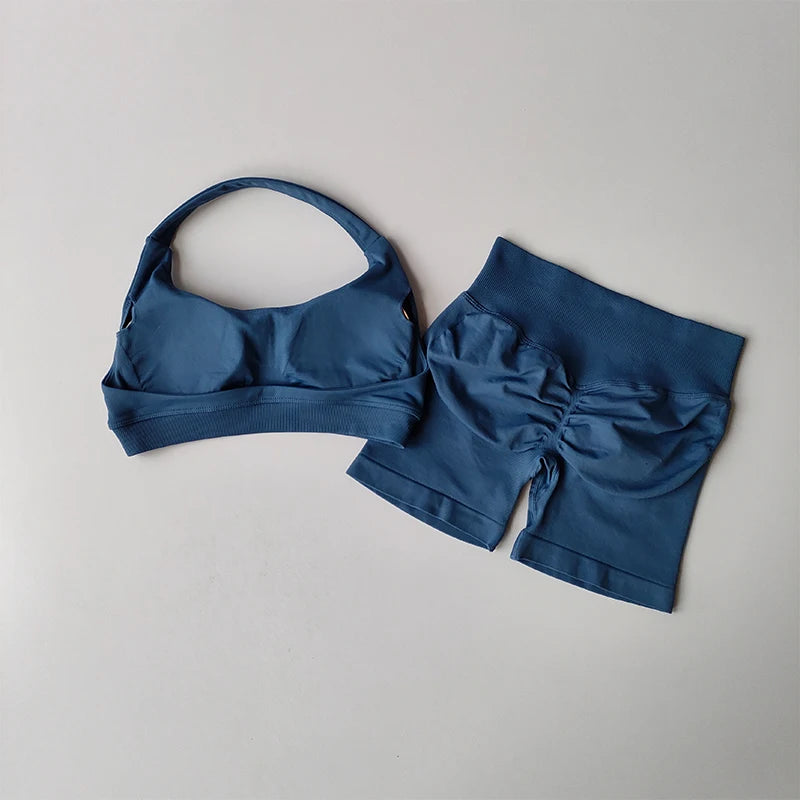 Halter Neck Peach Sports Bra & Shorts Set