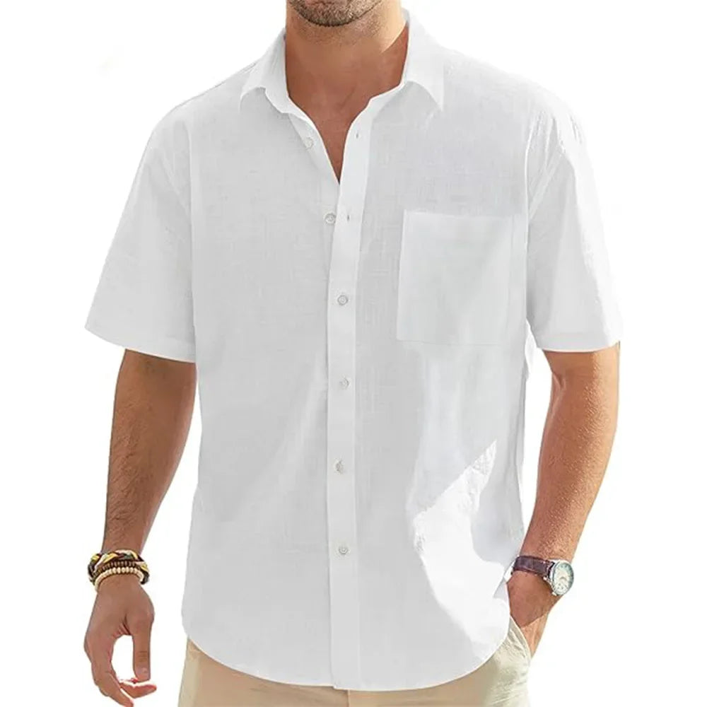 Men's Cotton Linen Short Sleeve Beach Shirt