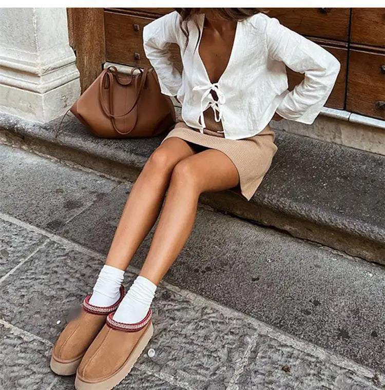 Linen Lace-Up V-Neck Shirt