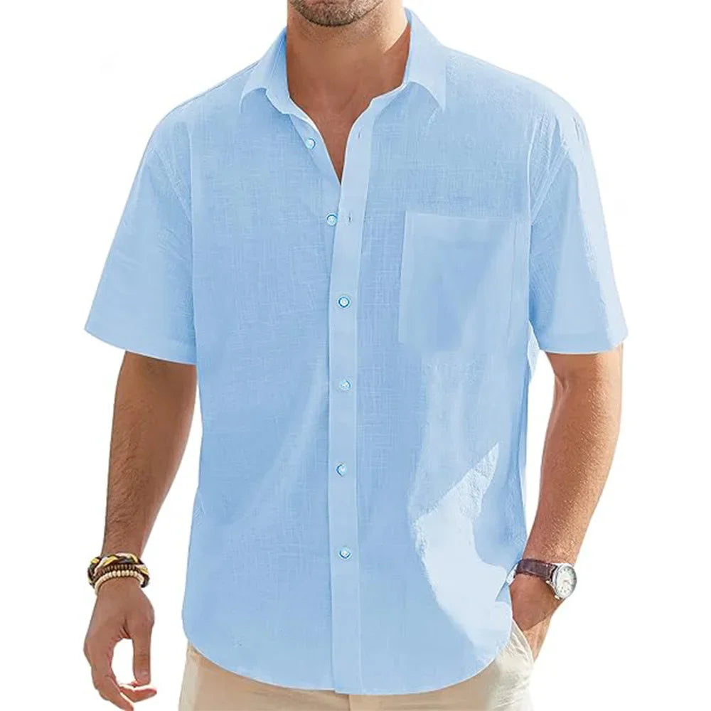 Men's Cotton Linen Short Sleeve Beach Shirt