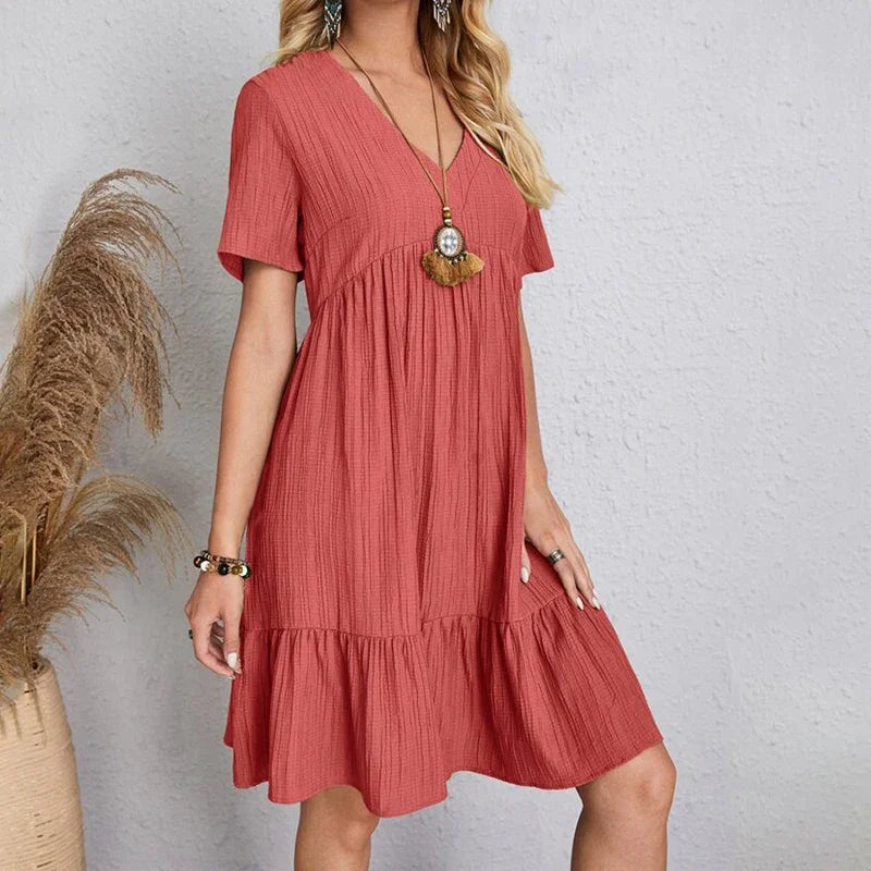 V-Neck Pleated A-Line Beach Dress