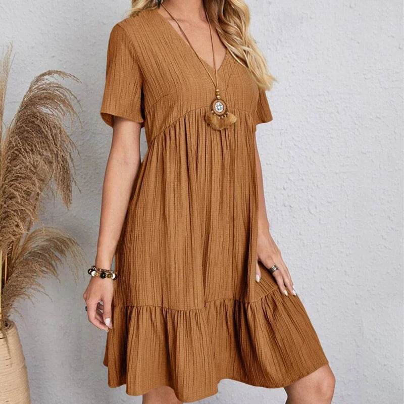 V-Neck Pleated A-Line Beach Dress