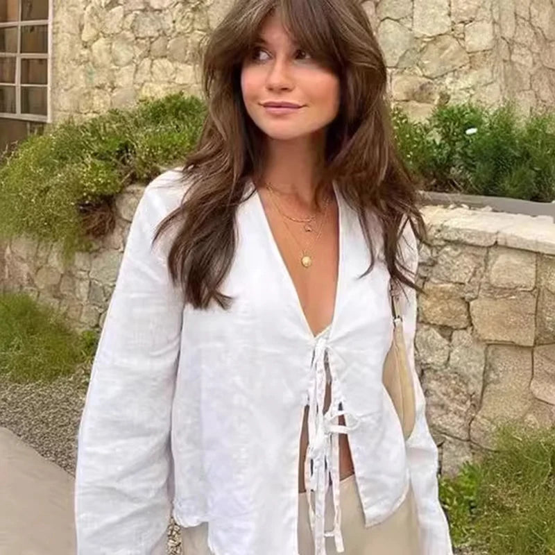 Linen Lace-Up V-Neck Shirt