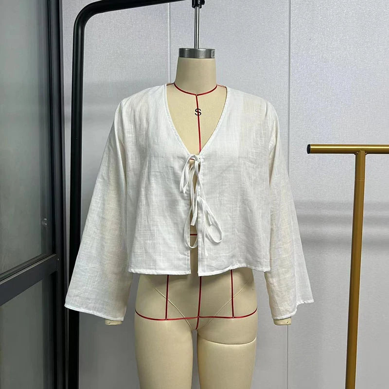 Linen Lace-Up V-Neck Shirt