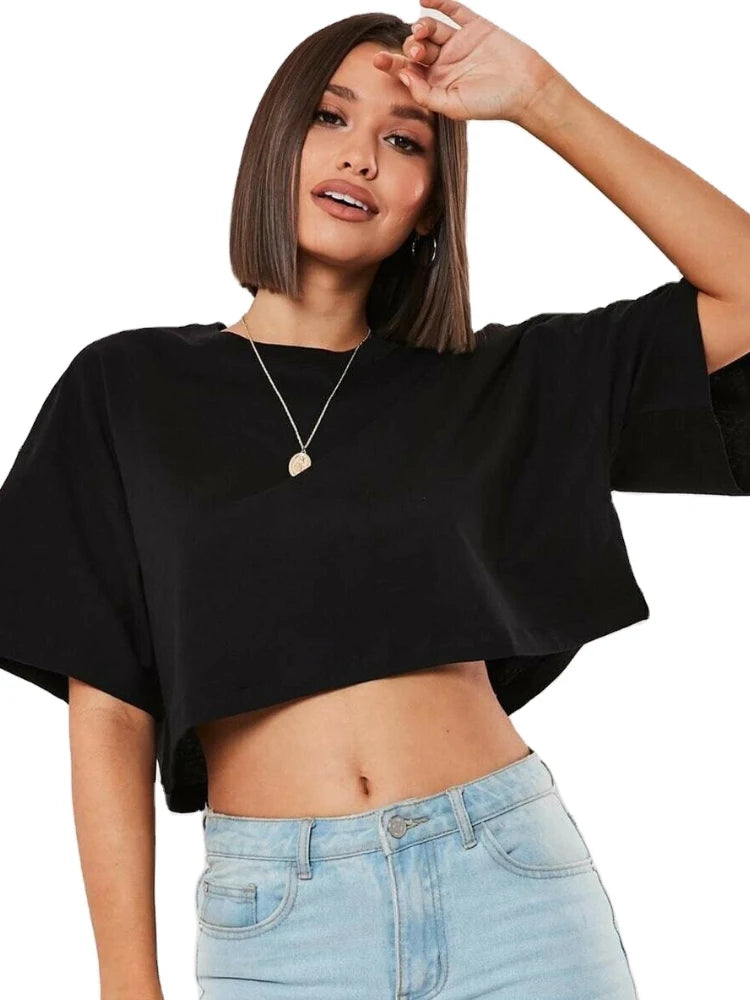 Women's Cotton Yoga Crop Top – Loose Fit Sport T-Shirt