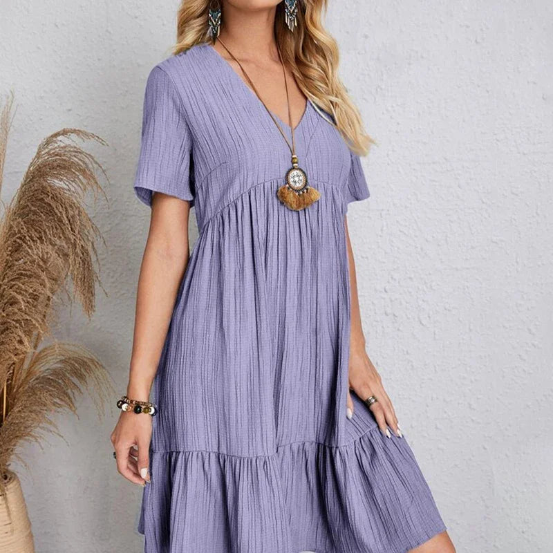 V-Neck Pleated A-Line Beach Dress