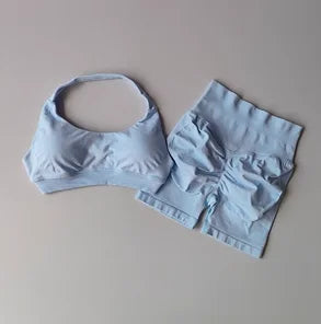 Halter Neck Peach Sports Bra & Shorts Set