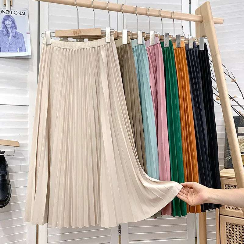 Elegant High Waist Pleated Midi Skirt