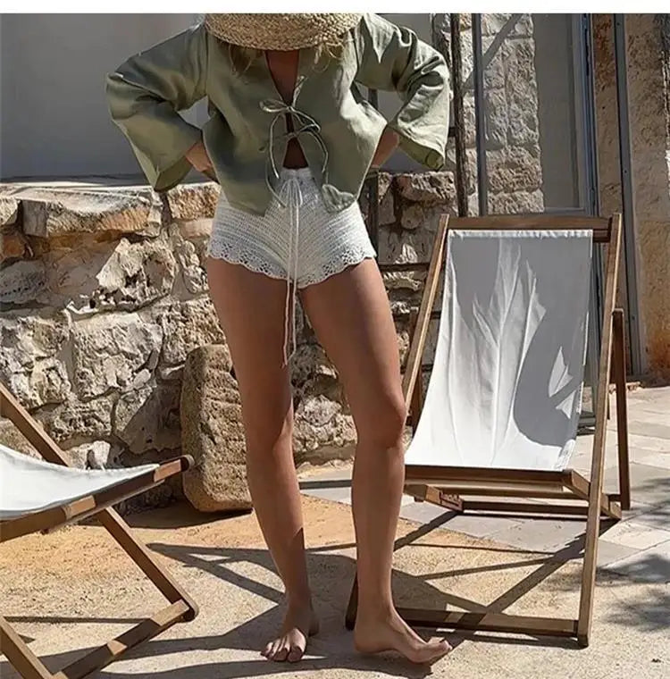 Linen Lace-Up V-Neck Shirt