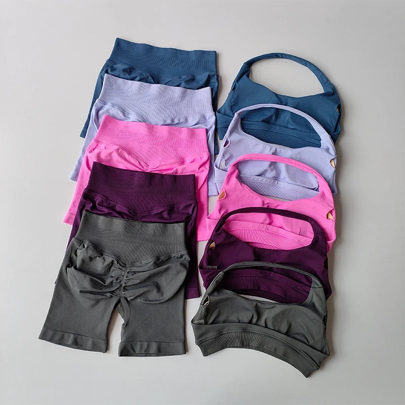 Halter Neck Peach Sports Bra & Shorts Set