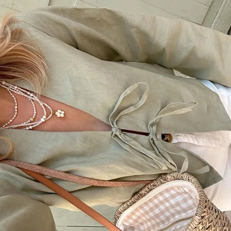 Linen Lace-Up V-Neck Shirt