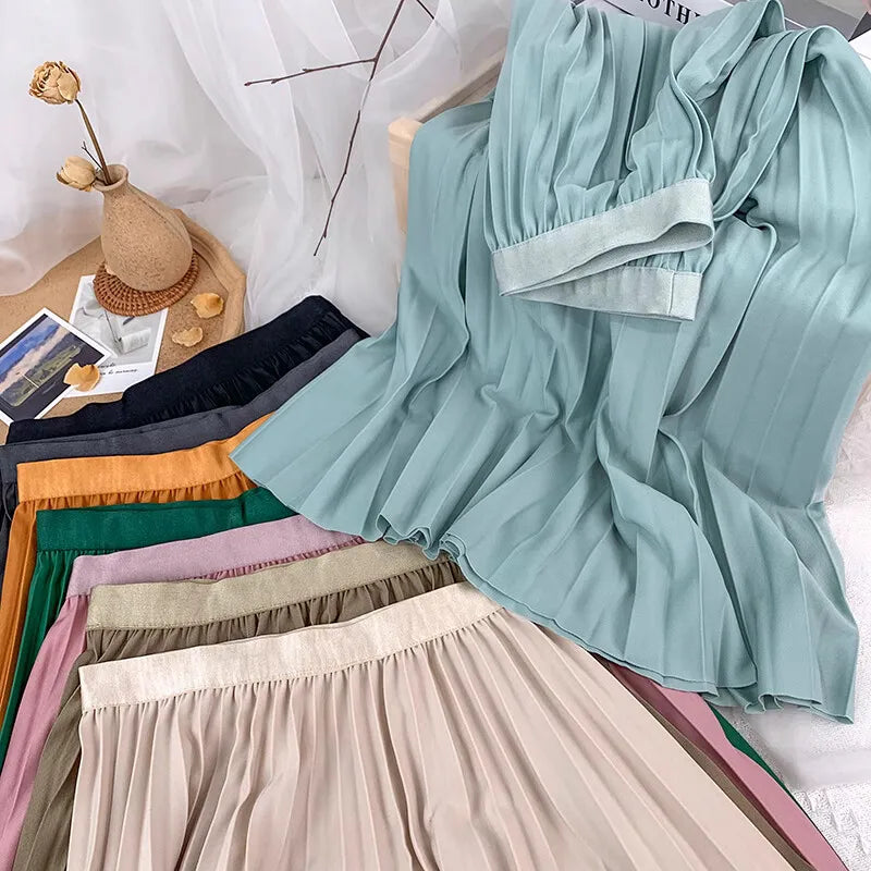 Elegant High Waist Pleated Midi Skirt