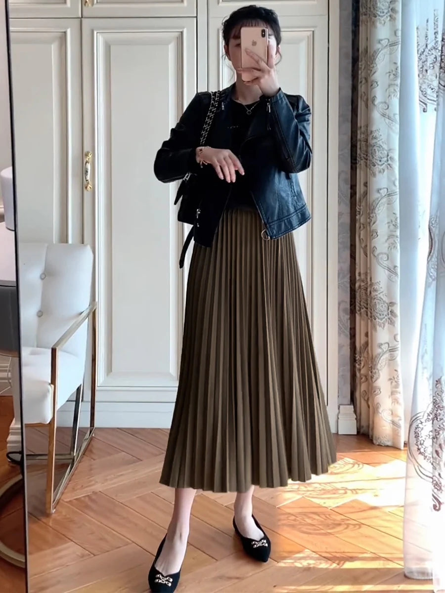 Elegant High Waist Pleated Midi Skirt