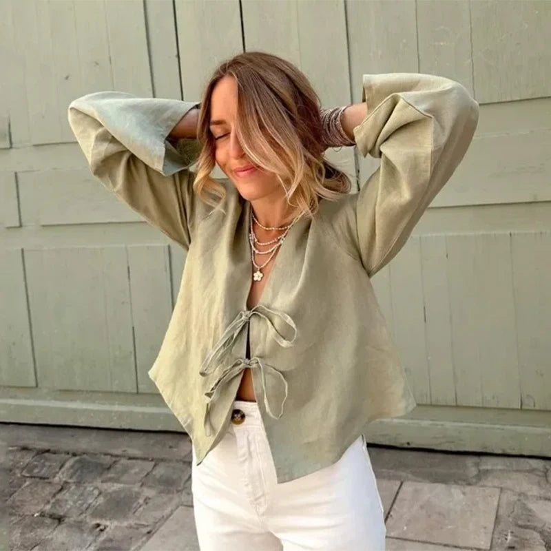 Linen Lace-Up V-Neck Shirt