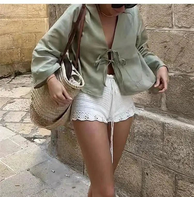 Linen Lace-Up V-Neck Shirt