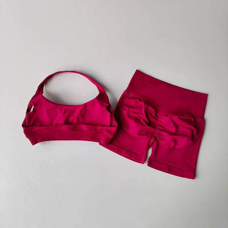 Halter Neck Peach Sports Bra & Shorts Set