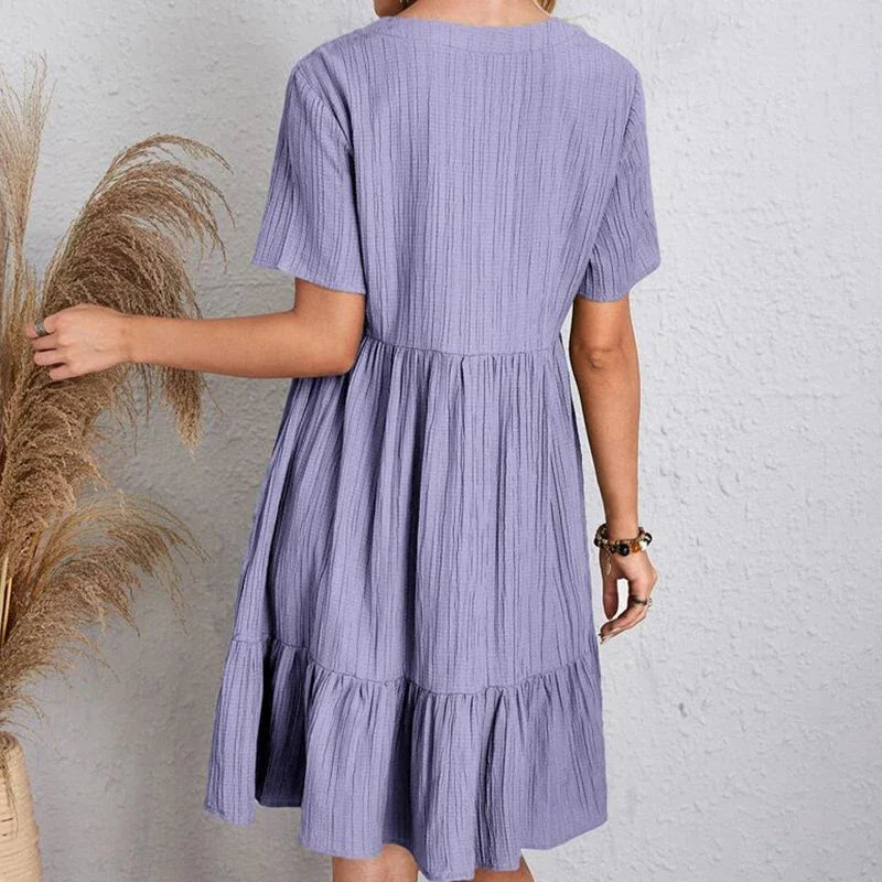V-Neck Pleated A-Line Beach Dress