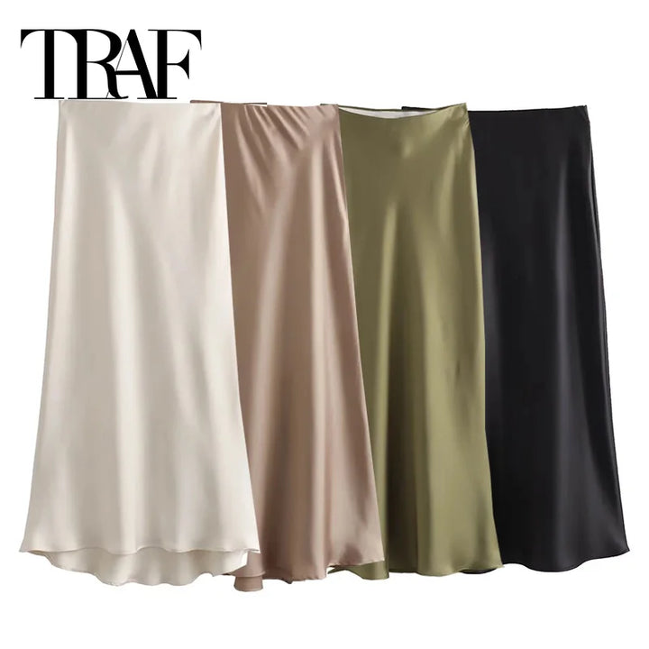 Satin High Waist Midi Skirt