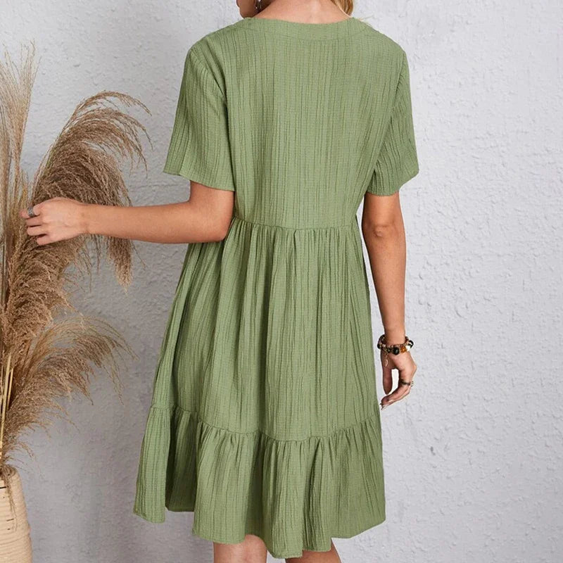V-Neck Pleated A-Line Beach Dress