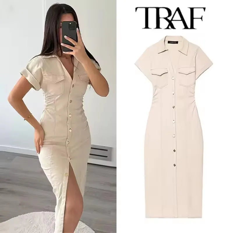 TRAF Ruched Denim Midi Dress