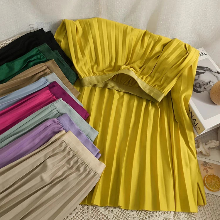 Elegant High Waist Pleated Midi Skirt