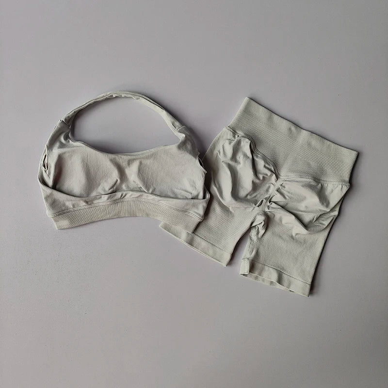 Halter Neck Peach Sports Bra & Shorts Set