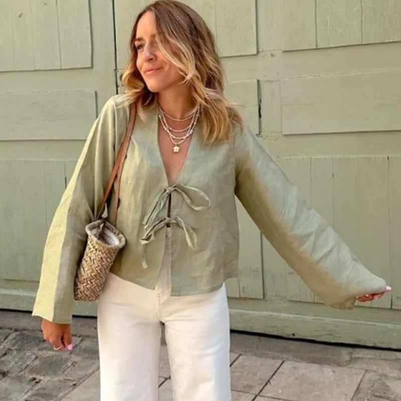 Linen Lace-Up V-Neck Shirt