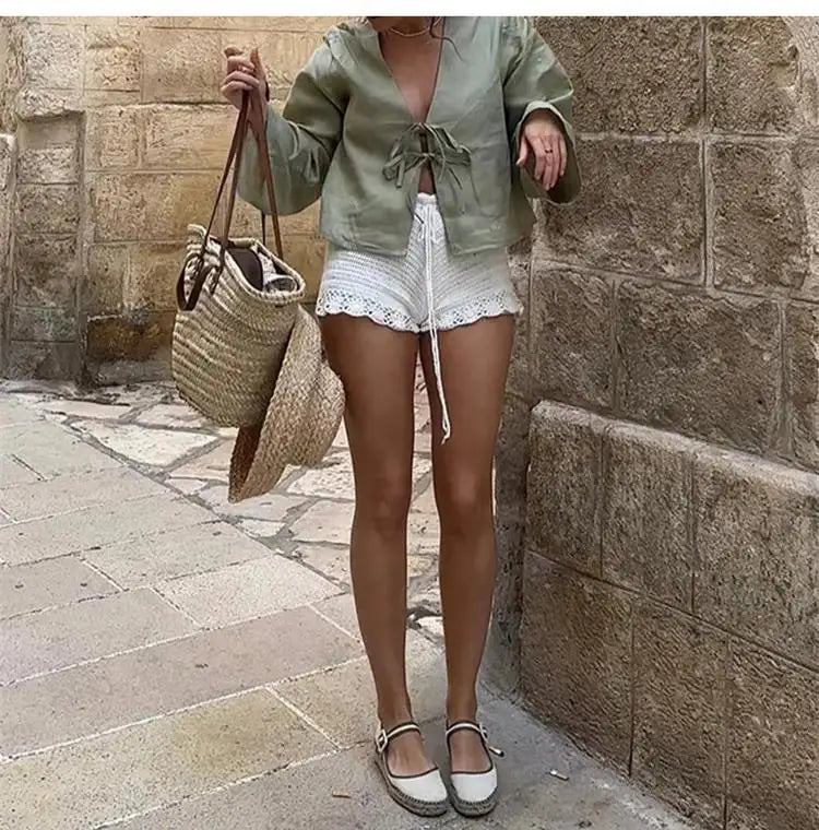 Linen Lace-Up V-Neck Shirt