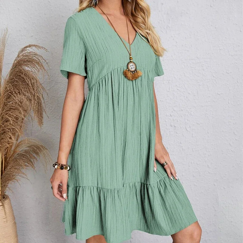 V-Neck Pleated A-Line Beach Dress