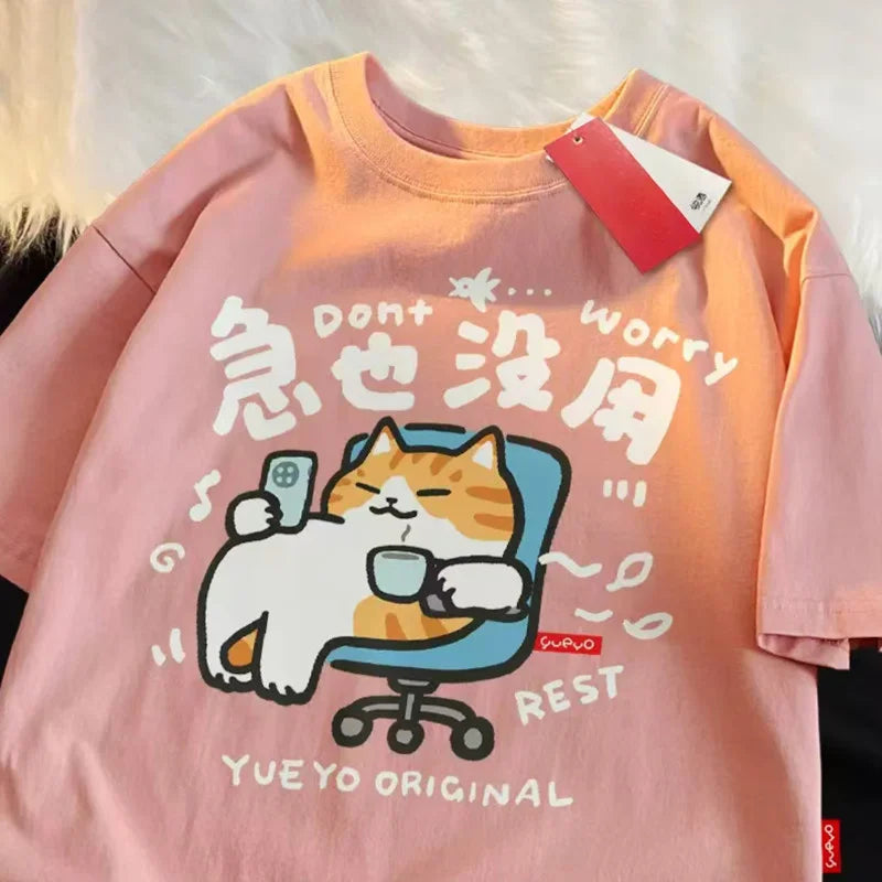 Fun Cartoon Cat Print Women's Summer T-Shirt