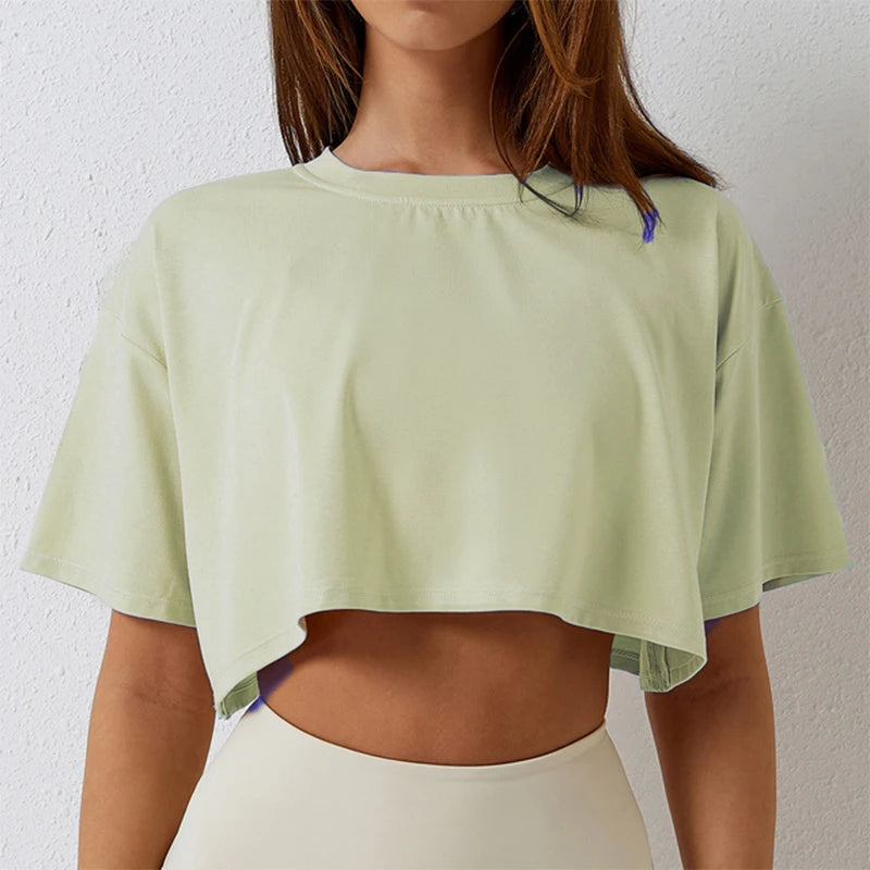 Women's Cotton Yoga Crop Top – Loose Fit Sport T-Shirt