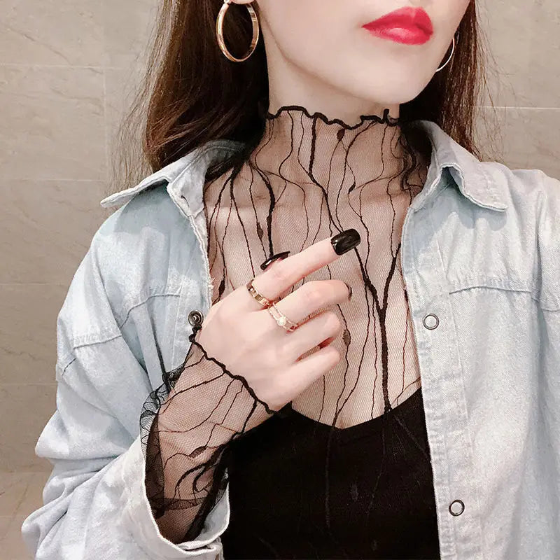 Sexy Sheer Lace Mesh Turtleneck Top