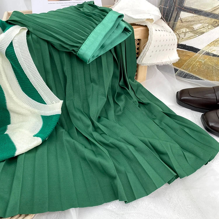 Elegant High Waist Pleated Midi Skirt