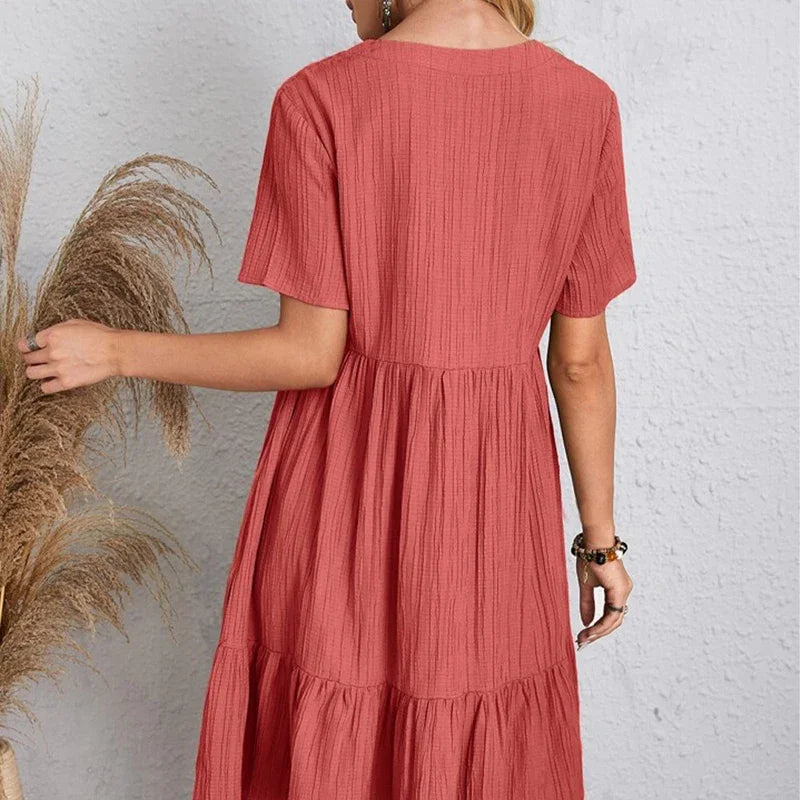 V-Neck Pleated A-Line Beach Dress