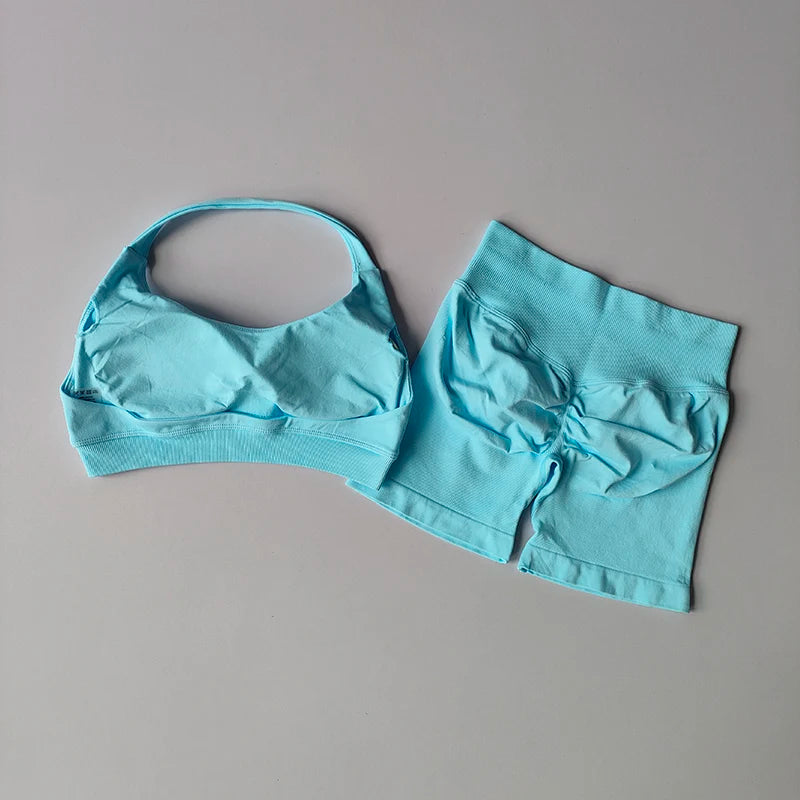 Halter Neck Peach Sports Bra & Shorts Set