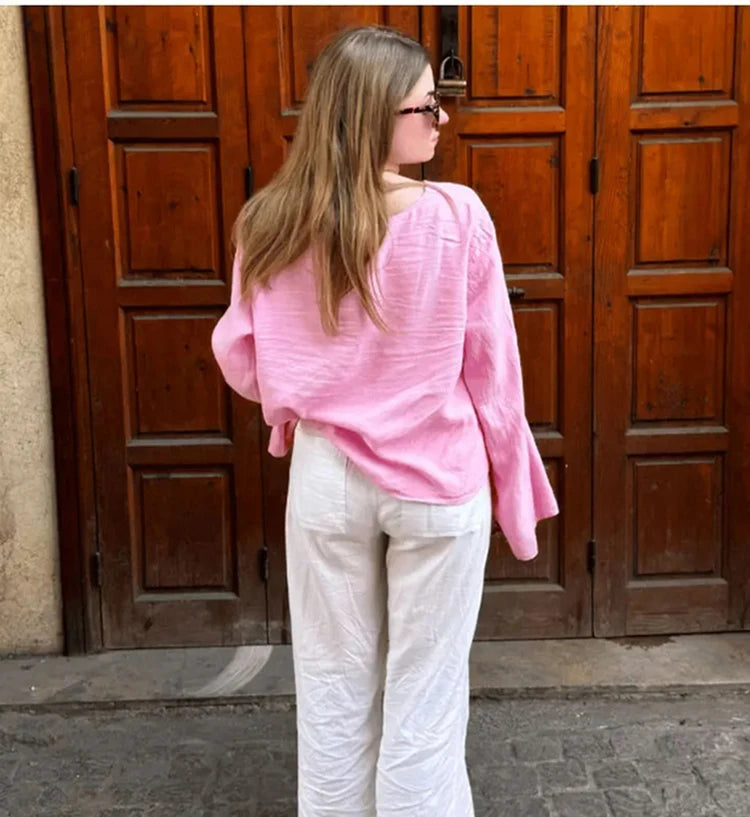 Linen Lace-Up V-Neck Shirt