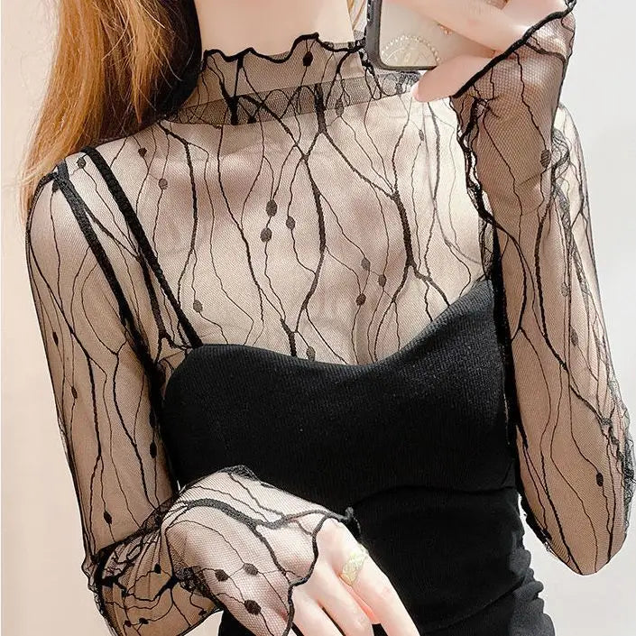 Sexy Sheer Lace Mesh Turtleneck Top