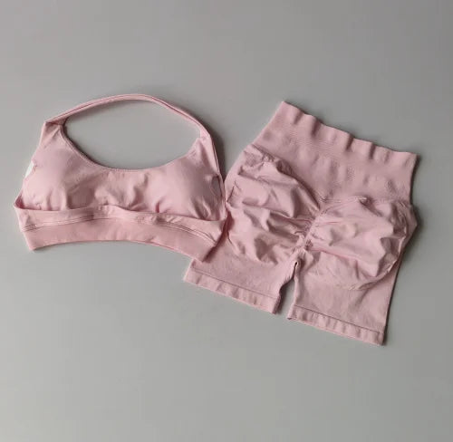Halter Neck Peach Sports Bra & Shorts Set