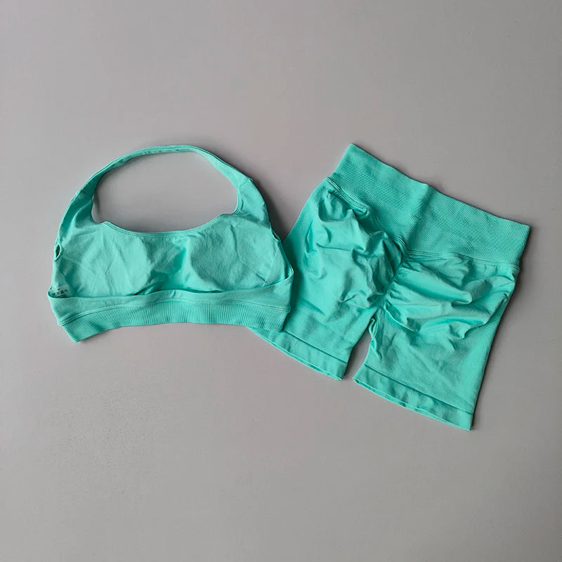 Halter Neck Peach Sports Bra & Shorts Set