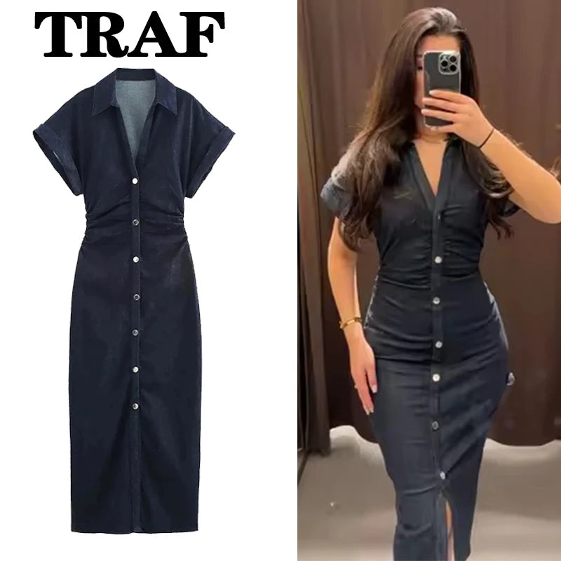 TRAF Ruched Denim Midi Dress