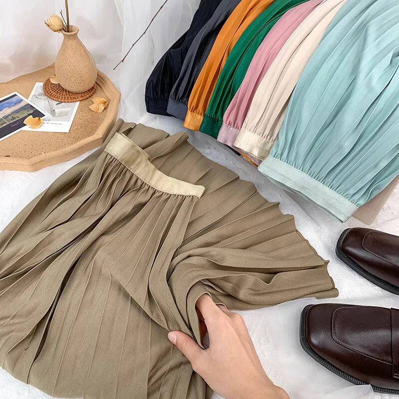 Elegant High Waist Pleated Midi Skirt