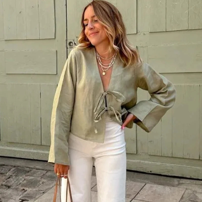 Linen Lace-Up V-Neck Shirt