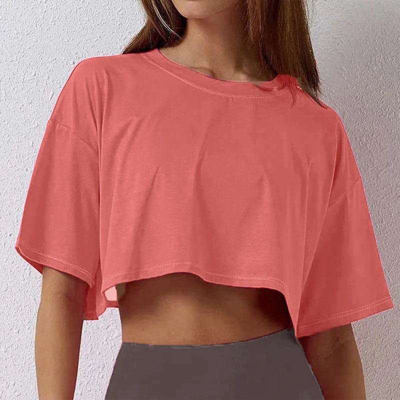 Women's Cotton Yoga Crop Top – Loose Fit Sport T-Shirt